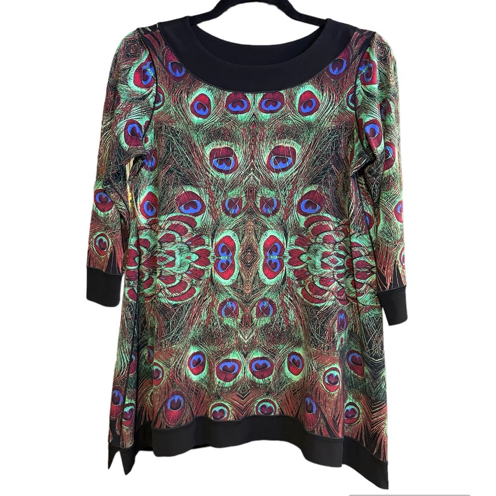 Eva Varro Green Peacock Print Tunic Top Shirt Sz S Small V Open Back Abstract - Picture 2 of 8